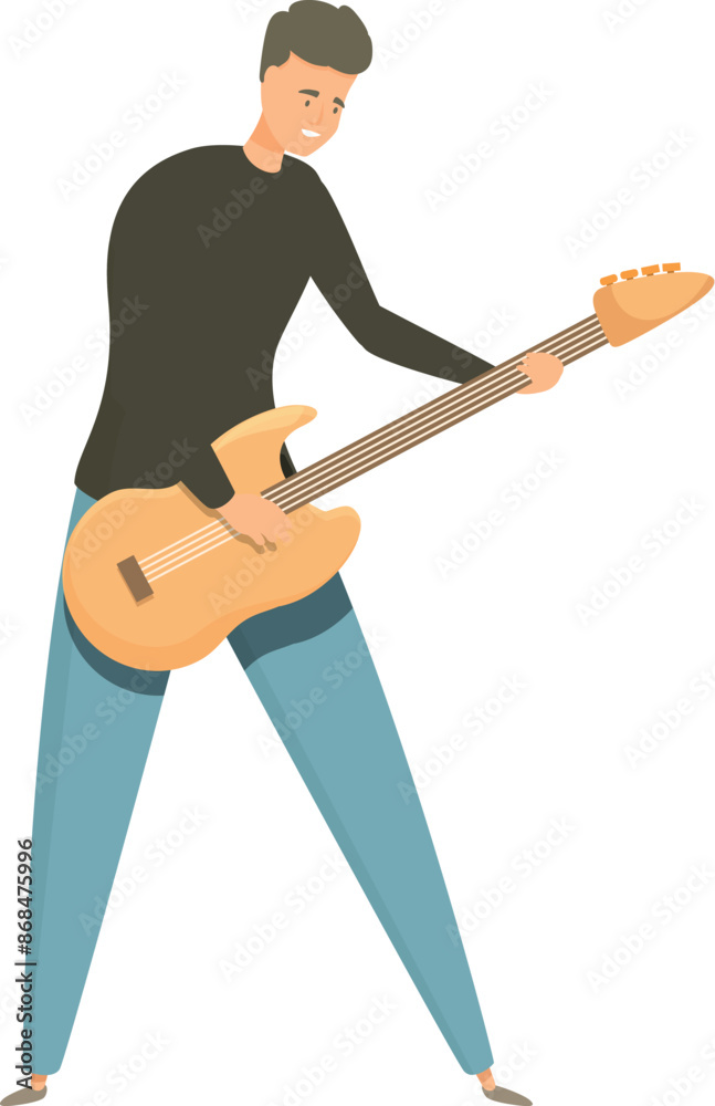 Young musician is playing an electric guitar on stage, enjoying the music and entertaining the audience