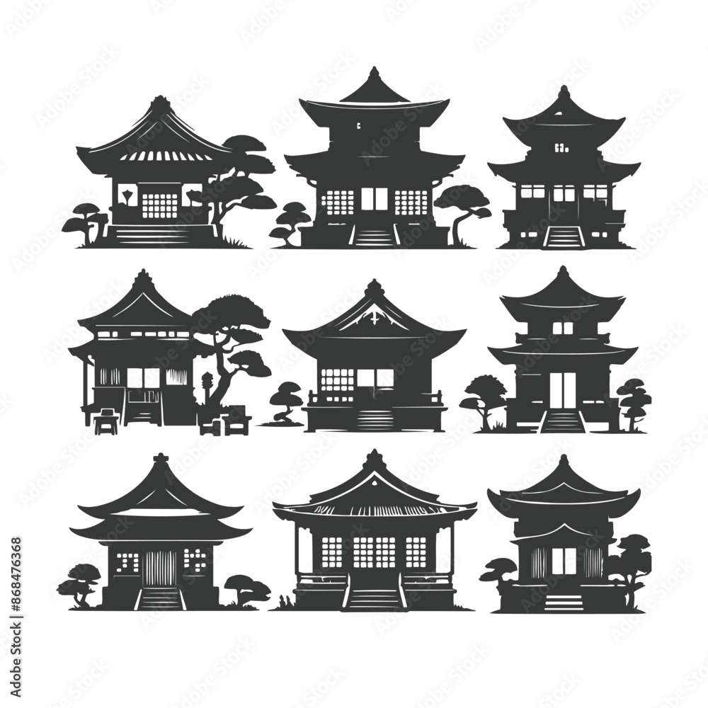 Set of vector silhouettes of Chinese temples, gates and traditional buildings. Chinese traditional buildings, Chinese House Building Set in Black and White