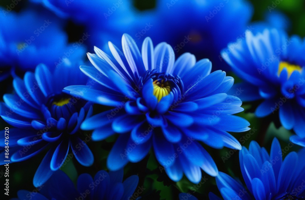 Background for Spring or Summer Design. Blue and yellow dahlia. Greeting Card or Poster. Blue Chrysanthemum flower close up, one color, dark tone, macro texture flower. 