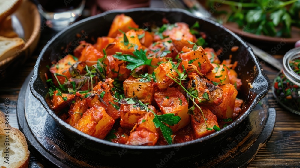 Spanish patatas bravas with spicy tomato sauce