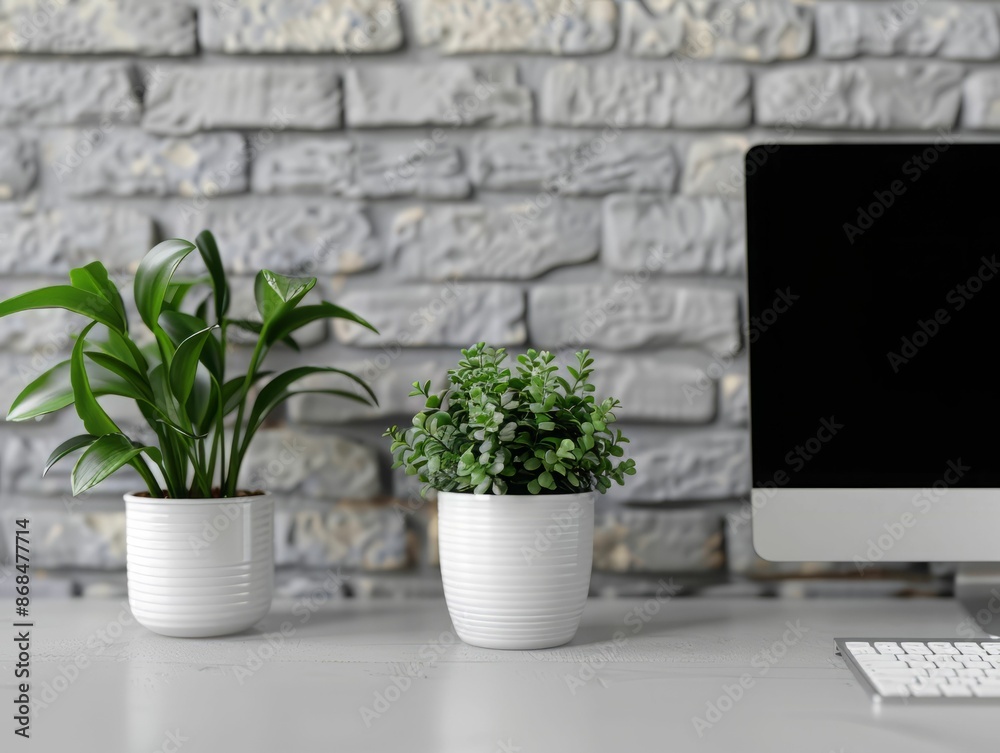 Modern Home Office Desk with Plants and Computer. Modern Home Office Desk with Plants and Computer.