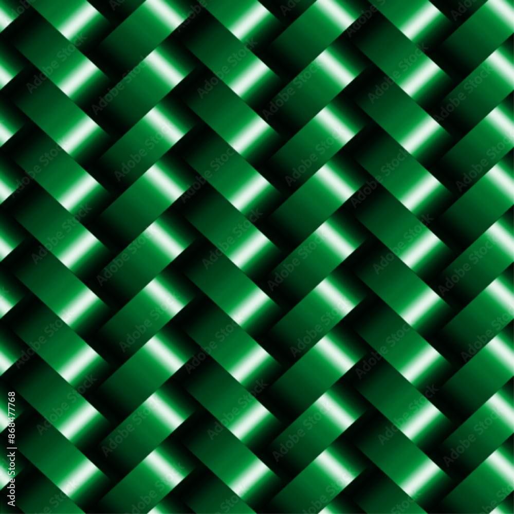 グリーンの立体模様のリピートパターン、艶のあるリボンのシンプルな模様、メタリックグリーンのシームレスパターン グリーンの立体模様のリピートパターン、艶のあるリボンのシンプルな模様、メタリックグリーンのシームレスパターン