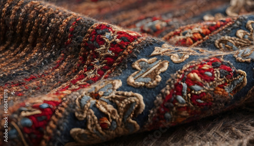 Traditional rug carpet with colorful intricate fabric design.