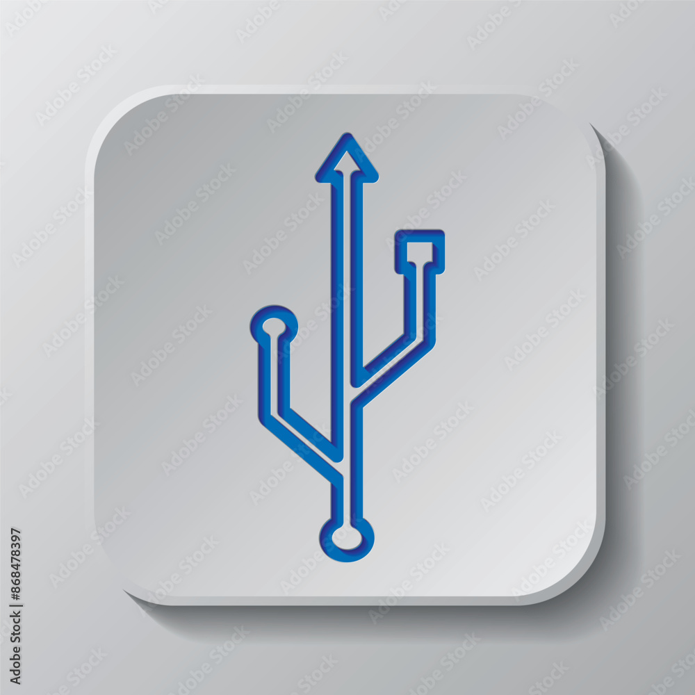 USB simple icon vector. Flat design. Paper cut design. Cutted blue symbol with shadow. Gray badge button, gray background USB simple icon vector. Flat design. Paper cut design. Cutted blue symbol with shadow. Gray badge button, gray background