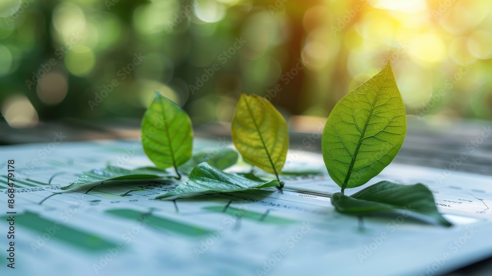 Leaves on a financial document with green graphs, sustainable investment, environmental growth, illustration background Leaves on a financial document with green graphs, sustainable investment, environmental growth, illustration background