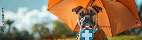 Pet insurance coverage, umbrella over a dog with a veterinary symbol, representing pet safety
