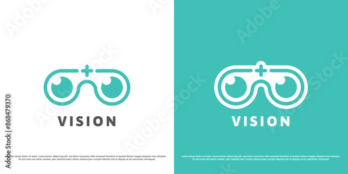 Eyeglass clinic logo design illustration. Silhouette of eye sight therapy healing health eye doctor myopic vision. Geometric abstract minimal simple flat plus icon symbol.