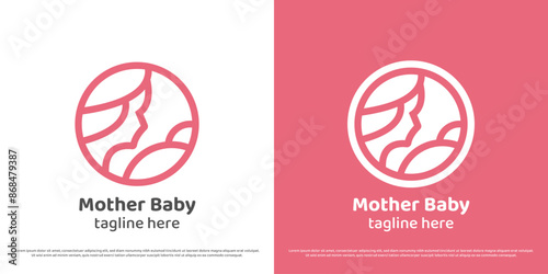 Motherhood logo design illustration. Linear silhouette of mother and child baby tender affection love stamp label sticker. Simple gentle warm care help health circle icon symbol.