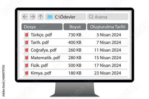 Computer screen view. Computer files and folders. Computer screen showing the file folder