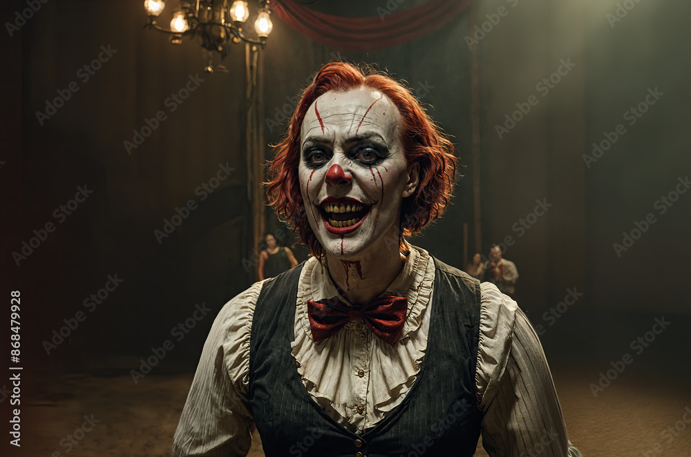 Creepy woman with bloody smile and crazy eyes dressed as a scary clown. Generative AI Creepy woman with bloody smile and crazy eyes dressed as a scary clown. Generative AI