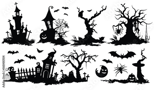Set of 6 isolated Halloween decorations in silhouette illustration style of bat, haunted house and tree and graveyard on transparent background. Volume 4.