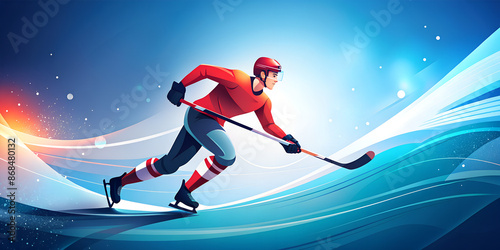 Colourful illustration of hockey player runs with a stick