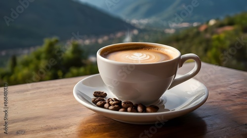 A cup of coffee on the table accompanied by a view of the mountains photo