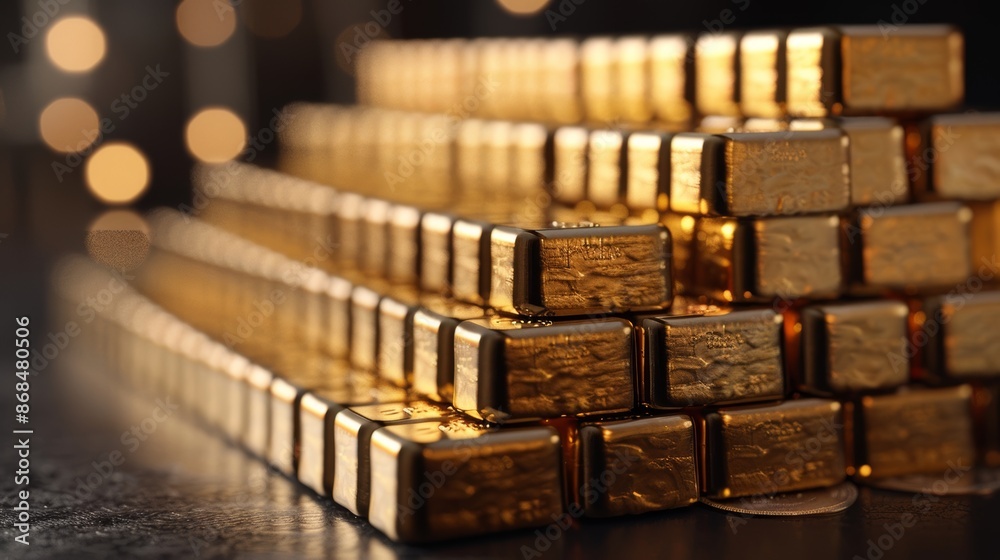 A stack of shiny gold bars, a symbol of wealth and prosperity. A stack of shiny gold bars, a symbol of wealth and prosperity.