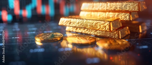 Gold bars on a blurred financial chart background. photo