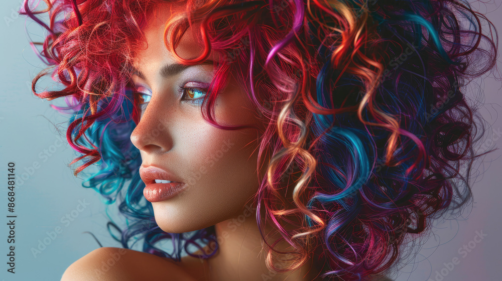 Fototapeta premium A person with vibrant, multicolored curly hair gazes thoughtfully into the distance, showcasing a contemplative expression and striking, expressive eyes.
