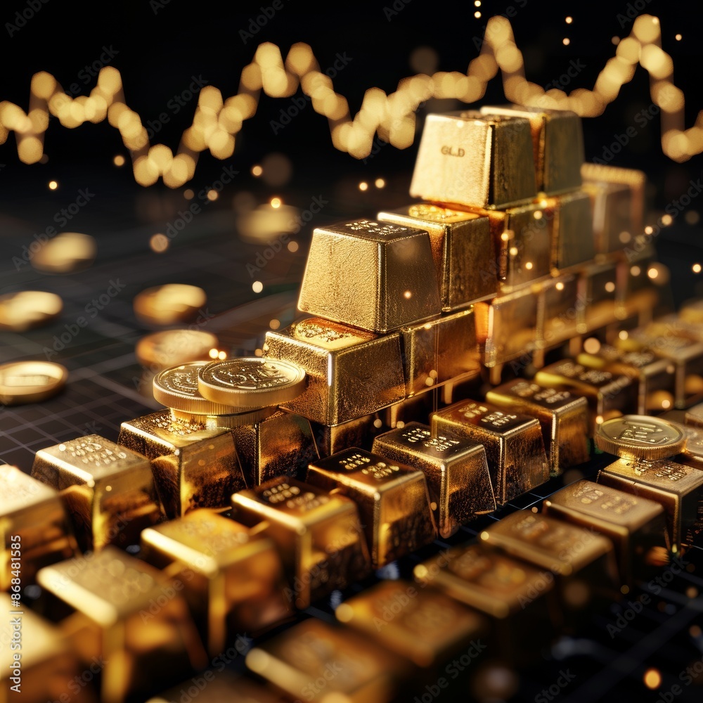 A stack of gold bars and coins on a dark background, representing wealth, finance, and investment A stack of gold bars and coins on a dark background, representing wealth, finance, and investment