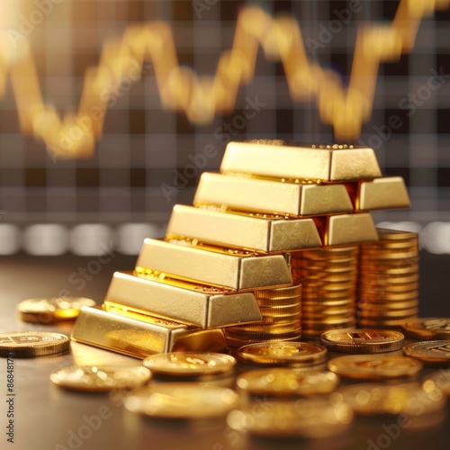 Gold bars and coins arranged in a pyramid against a background of a gold price chart.