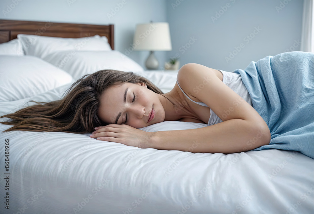 A young woman with long brown hair sleeping peacefully on a white bed A young woman with long brown hair sleeping peacefully on a white bed