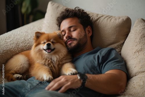 Dog sleeping with his fur dad