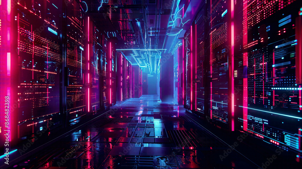 Conceptual 3D illustration portraying a dynamic data center environment with rack servers and supercomputers Focuses on modern telecommunications artificial intelligence and supercomputer technology Conceptual 3D illustration portraying a dynamic data center environment with rack servers and supercomputers Focuses on modern telecommunications artificial intelligence and supercomputer technology