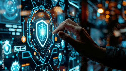 Computer security engineer touches shield icon symbolizing cybersecurity of digital network systems Information technology fortified with firewall secure access encryption against cyber attacks 