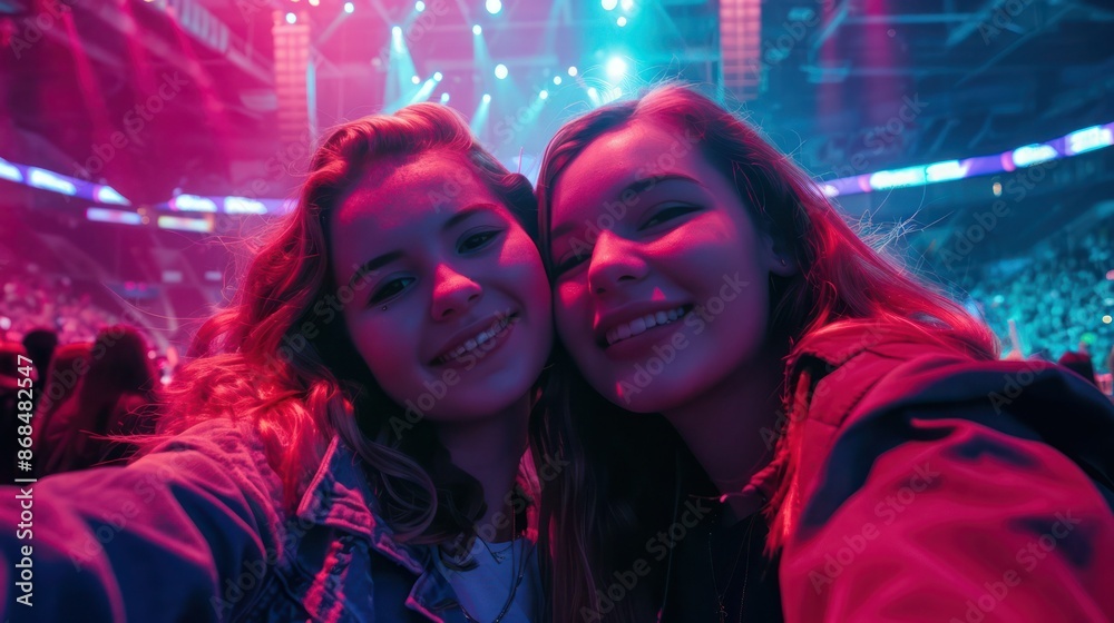Selfie image of two young women at a concert in a giant indoor arena. Selfie image of two young women at a concert in a giant indoor arena.