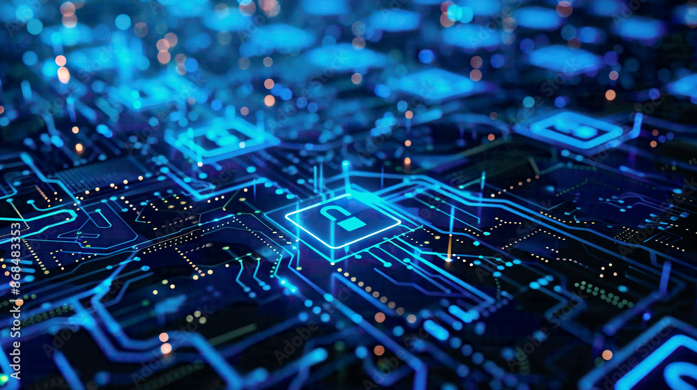 Cyber security and technology theme digital locks and circuit patterns on a modern blue background emphasizing network security and data protection Cyber security and technology theme digital locks and circuit patterns on a modern blue background emphasizing network security and data protection