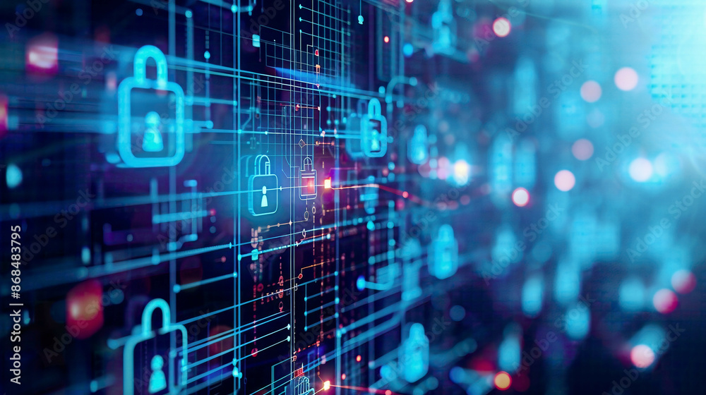 Obraz premium Cyber security information privacy and data protection concept internet and technology on virtual screen with lock icons and digital network connections 