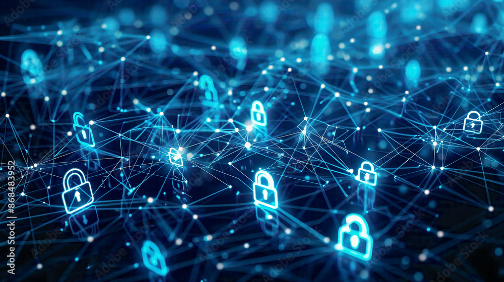 Cyber security theme digital lock icons and interconnected network lines on a high-tech blue background emphasizing information protection Cyber security theme digital lock icons and interconnected network lines on a high-tech blue background emphasizing information protection
