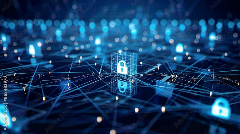 Cyber security theme digital lock icons and interconnected network lines on a high-tech blue background emphasizing information protection Cyber security theme digital lock icons and interconnected network lines on a high-tech blue background emphasizing information protection