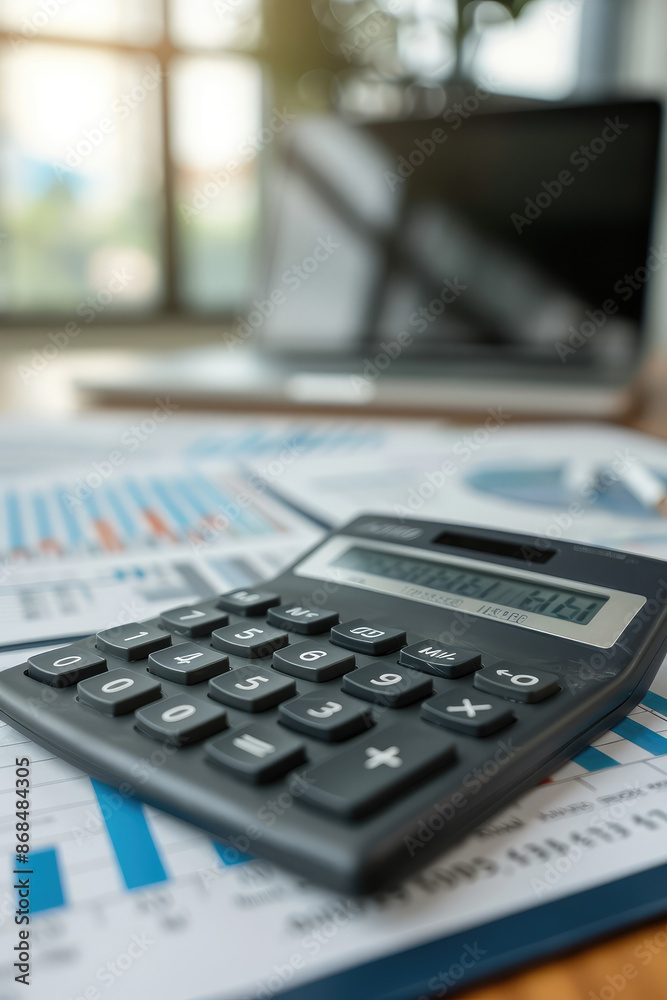 Calculator and financial documents on a office desk workplace, business and analytics concept Calculator and financial documents on a office desk workplace, business and analytics concept