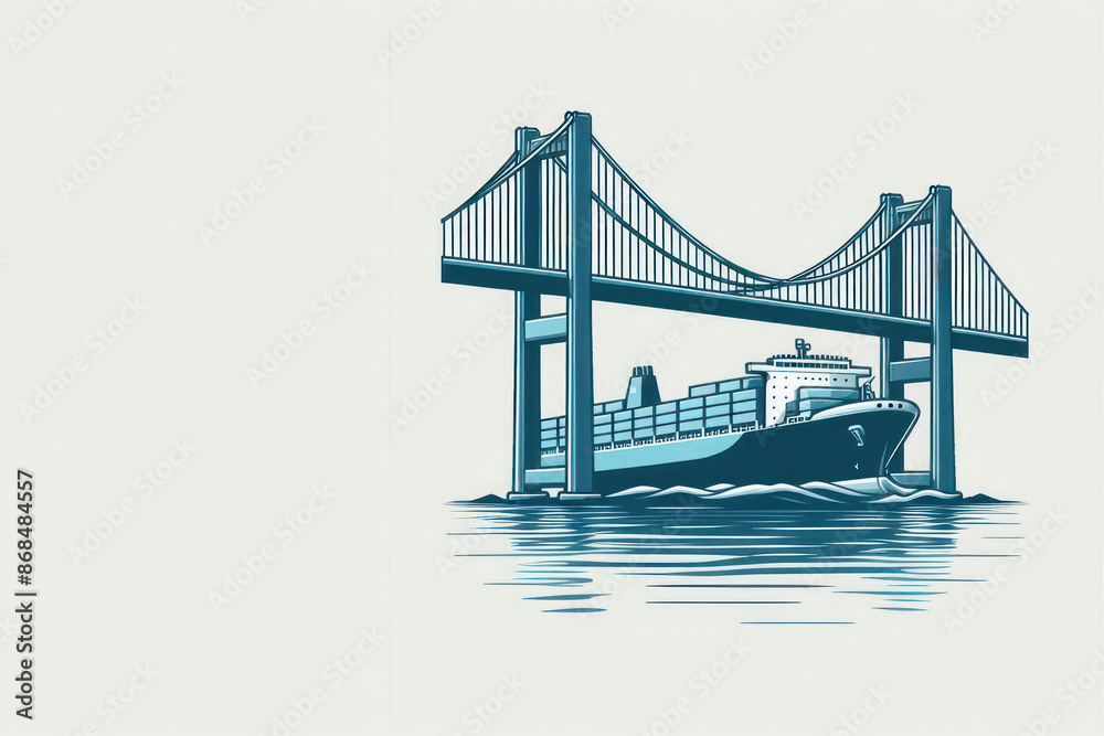 Obraz premium A cargo ship sailing under a bridge. Space for text.