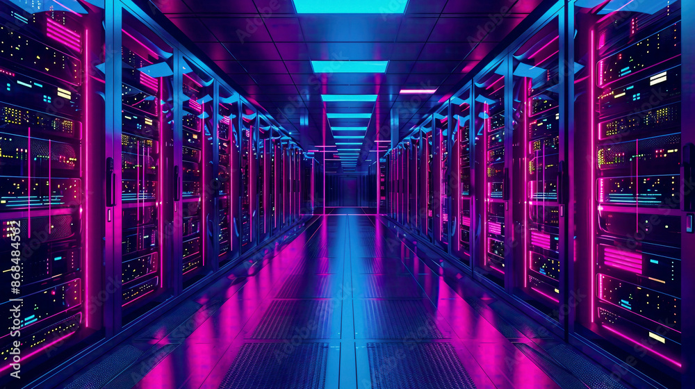 Data center depicted with server racks in 3D concept illustration IT team works in server room with rows of supercomputers Data center depicted with server racks in 3D concept illustration IT team works in server room with rows of supercomputers