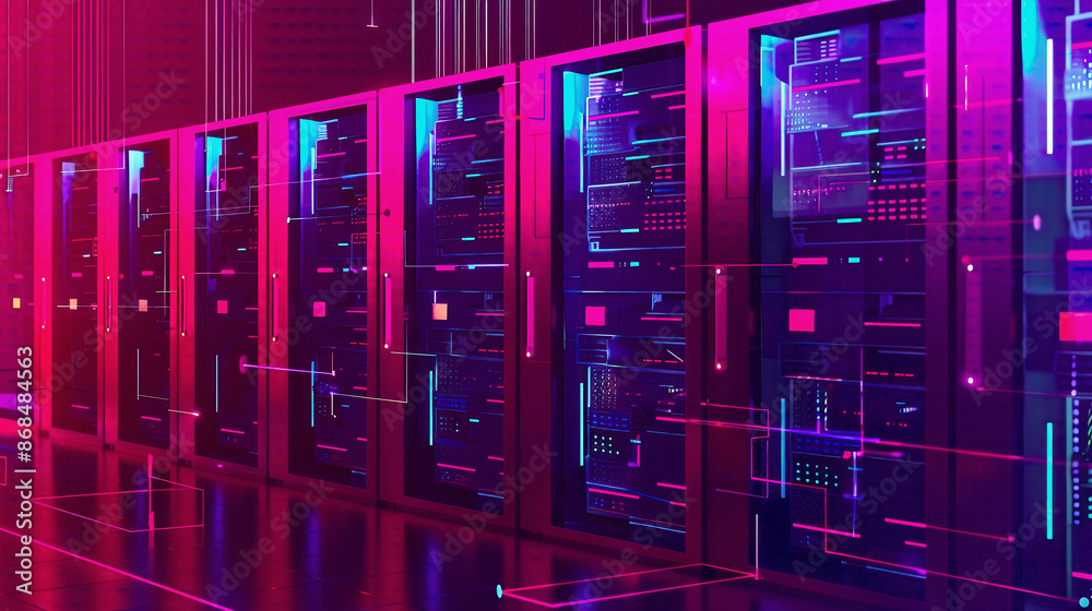 Data center depicted with server racks in 3D concept illustration IT personnel manage operations in server room with rows of supercomputers Data center depicted with server racks in 3D concept illustration IT personnel manage operations in server room with rows of supercomputers