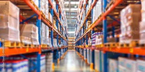Retail warehouse full of shelves with goods in cartons, with pallets and forklifts. Logistics and transportation blurred background © Naveenkrishna