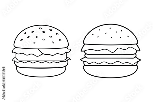 Hamburger with cheese, vegetables and cutlet. Fast food line art icon. American street food. Hand drawn doodle illustration