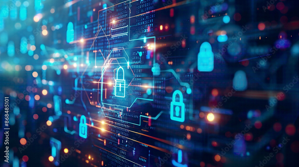 Digital representation of cyber security data protection and business technology privacy elements with lock icons Digital representation of cyber security data protection and business technology privacy elements with lock icons