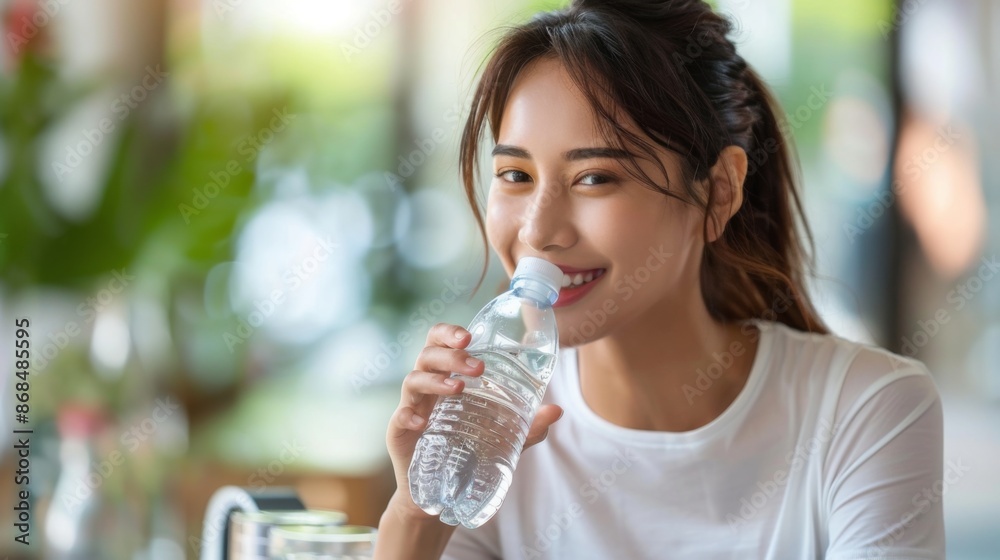 Smiling young asian woman in a white t-shirt drinking water from a bottle, seated in a bright room with a blurred background. Smiling young asian woman in a white t-shirt drinking water from a bottle, seated in a bright room with a blurred background.