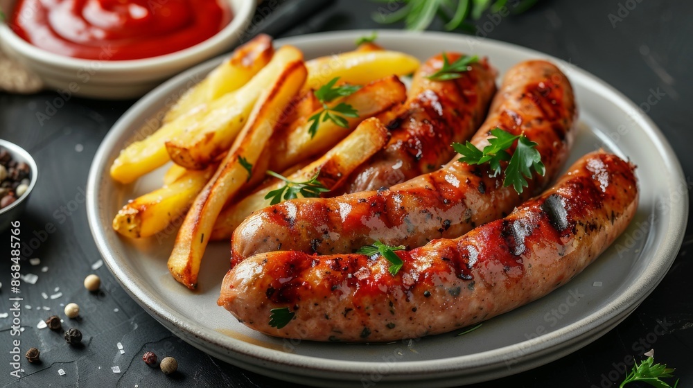 Grilled sausages and French fries Grilled sausages and French fries
