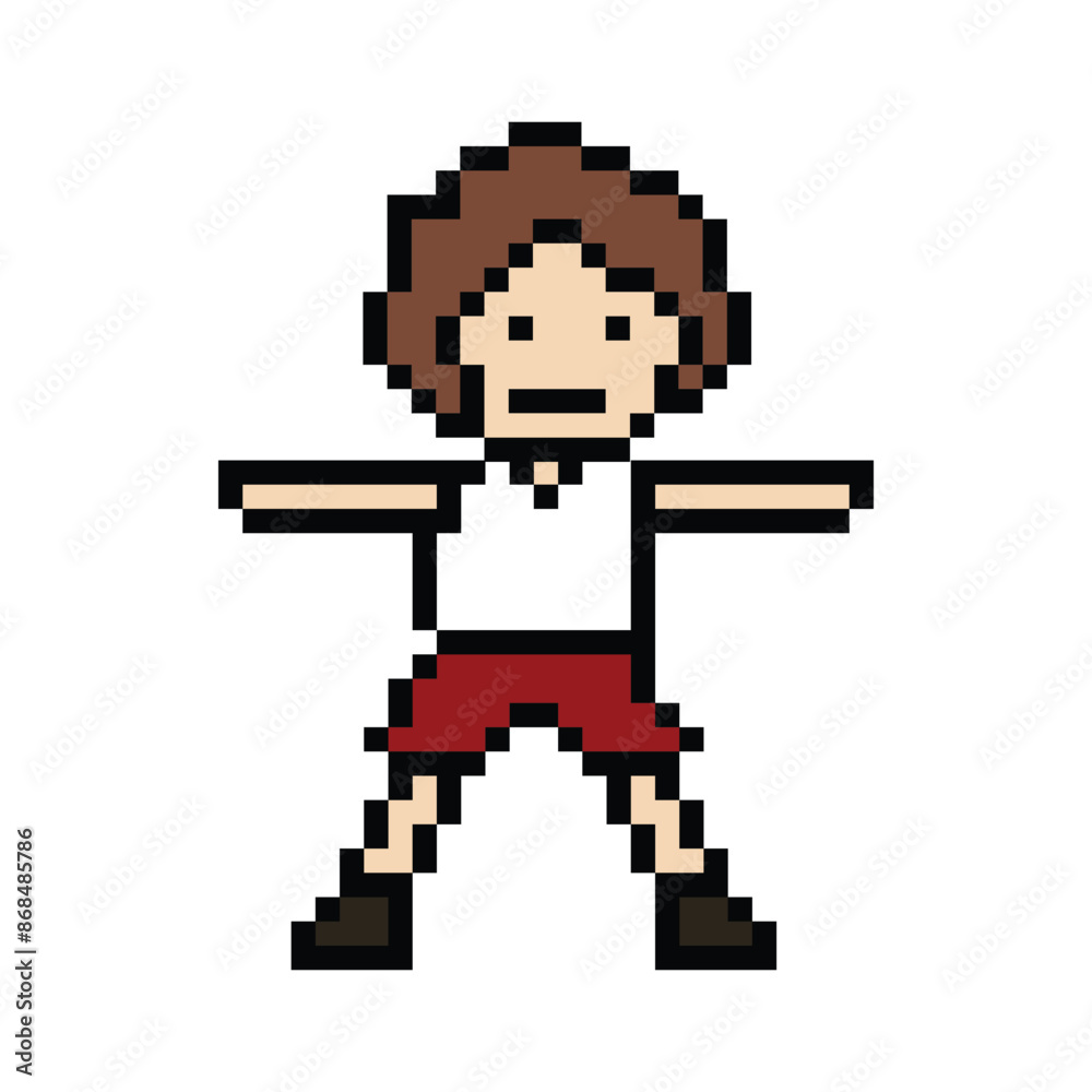 Fototapeta premium Cute pixel cartoon 8bit character man exercises training dance lifestyle music decoration life style 8 bit male boy dance with music game fitness isolated PNG vector.