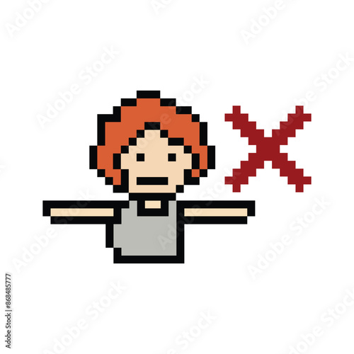 Cute pixel cartoon 8bit character man reject say no or deny stop decoration disapproval 8 bit male boy disagreement with game fitness isolated PNG vector.
