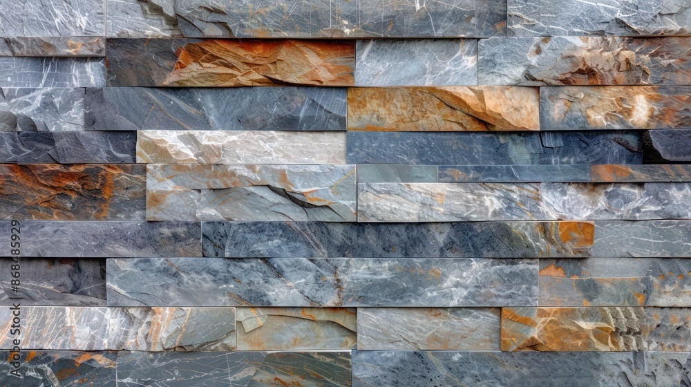 Screen wall with alternating layers of polished marble and raw slate, creating a striking contrast in textures and colors Screen wall with alternating layers of polished marble and raw slate, creating a striking contrast in textures and colors