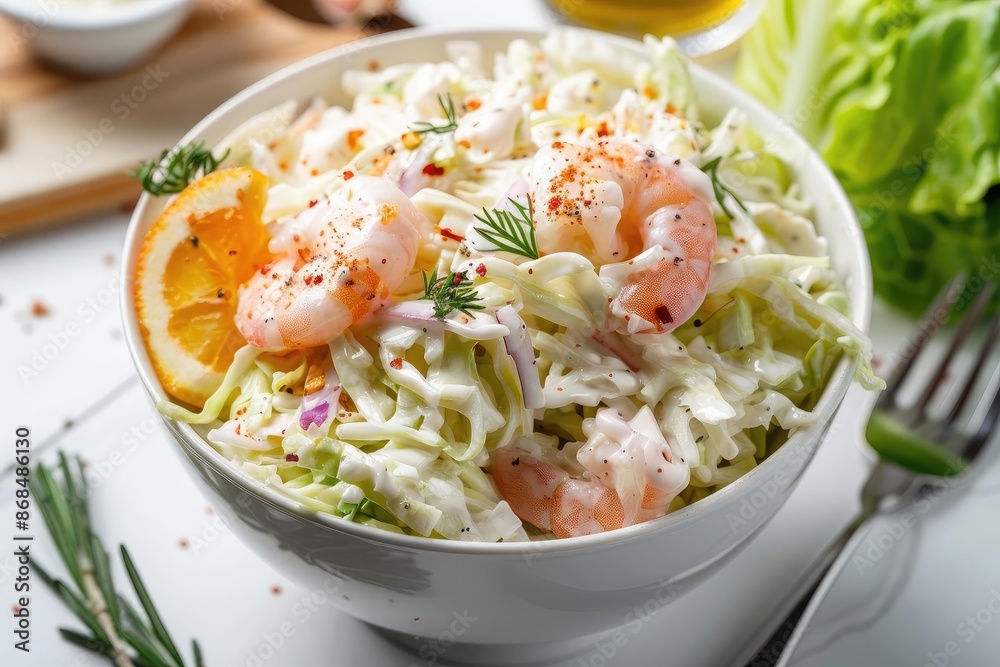 A fresh, creamy shrimp salad with cabbage and dill, garnished with lemon slices and herbs, served in a white bowl. A fresh, creamy shrimp salad with cabbage and dill, garnished with lemon slices and herbs, served in a white bowl.