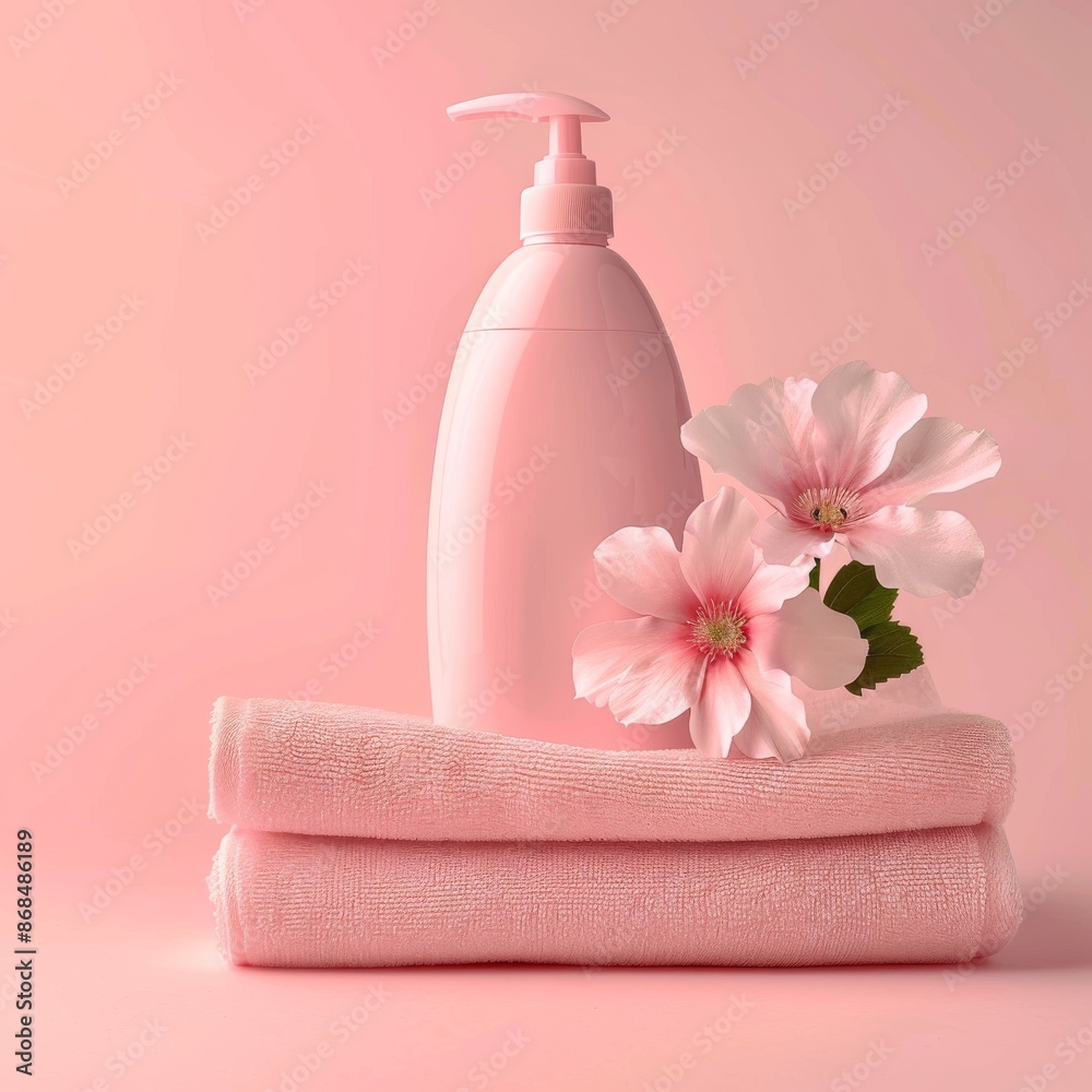 Fabric softener advertising design, conditioner bottle and soft clean towels banner on color background
