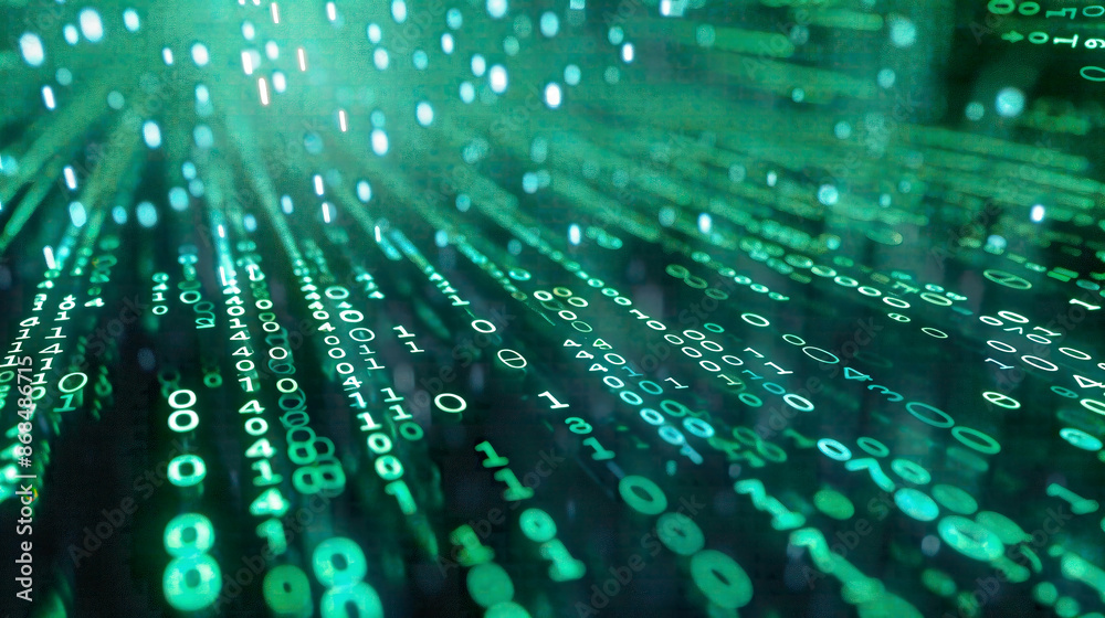 High-tech green binary matrix background with streams of numbers and digital grid patterns representing data and technology 
