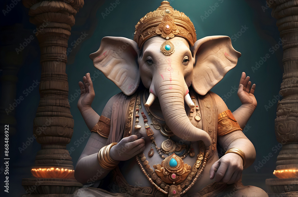 Lord Ganesha major deity in the Hindu pantheon, god with elephant's head and a human body, with four arms