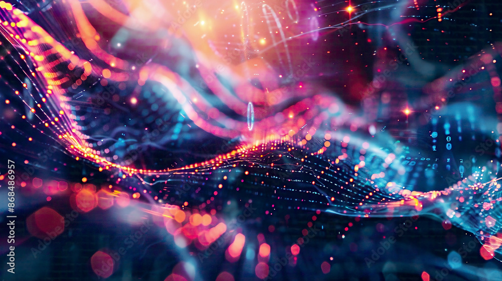 Obraz premium Illustration depicts the integration of big data and cybersecurity in a 3D rendering Neural networks and artificial intelligence structures intersect with information waves and a global database