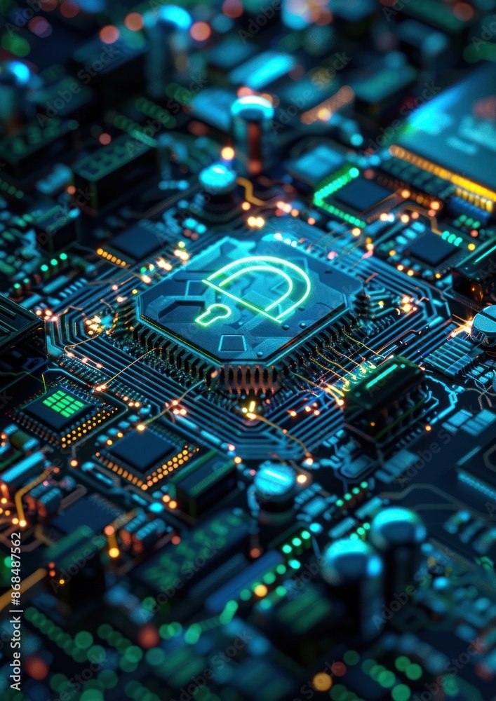 Cyber Security Concept with Lock on Circuit Board - Close-up of a circuit board with a glowing lock symbol, representing cyber security and data protection in a digital world. Cyber Security Concept with Lock on Circuit Board - Close-up of a circuit board with a glowing lock symbol, representing cyber security and data protection in a digital world.