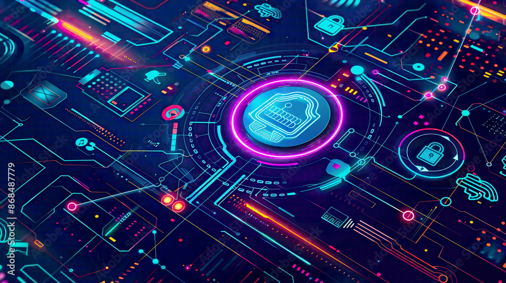 Fototapeta premium Infographic template illustrating key cyber security ideas set against a backdrop of technology-themed elements offering a dynamic and informative visual layout 